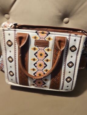 Aztec-Print Brown & Cream Satchel with Pink Accents